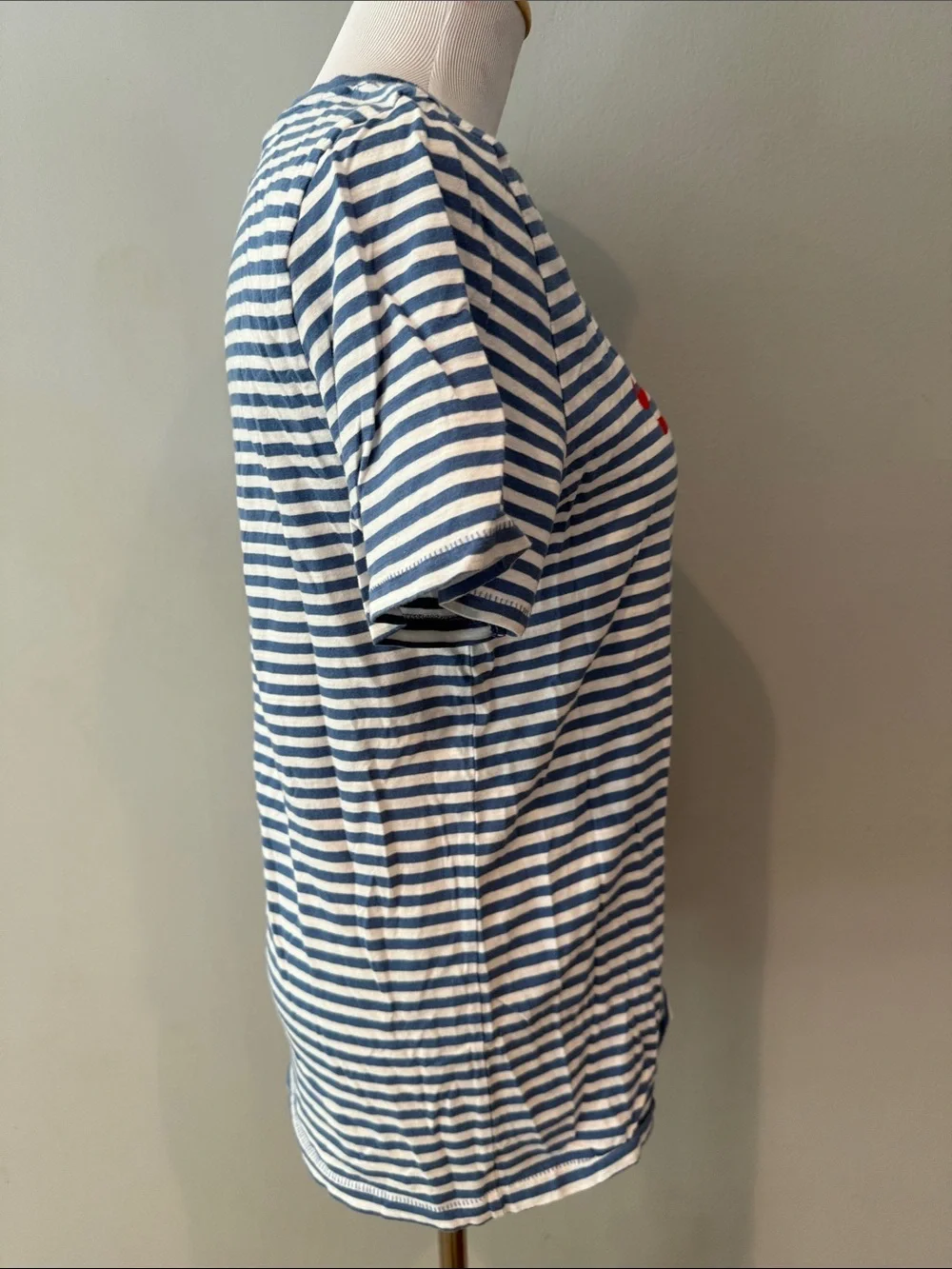 Jcrew women’s Blue & White Striped Short Sleeve Tee w Red 'SMILE' Graphic-M